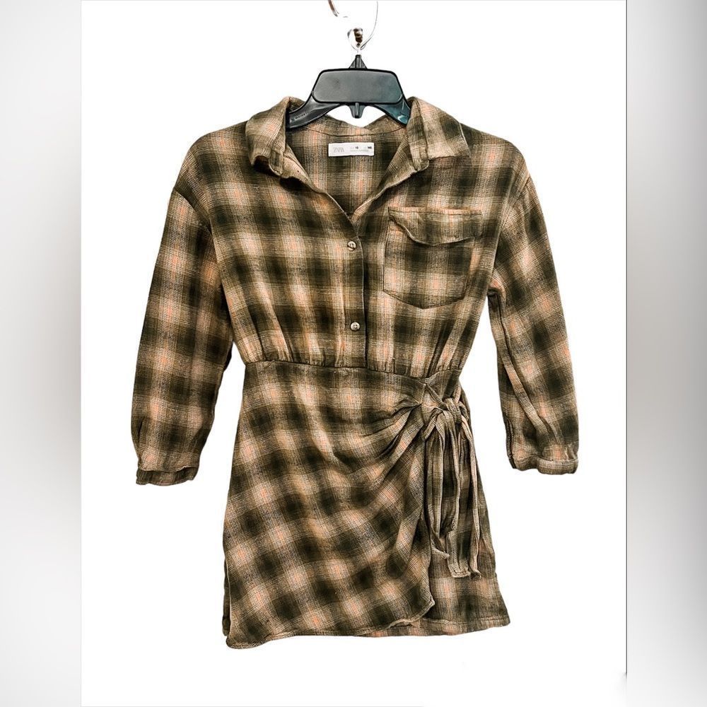 Zara Girls Plaid Side Tie Shirt Dress Size 10
